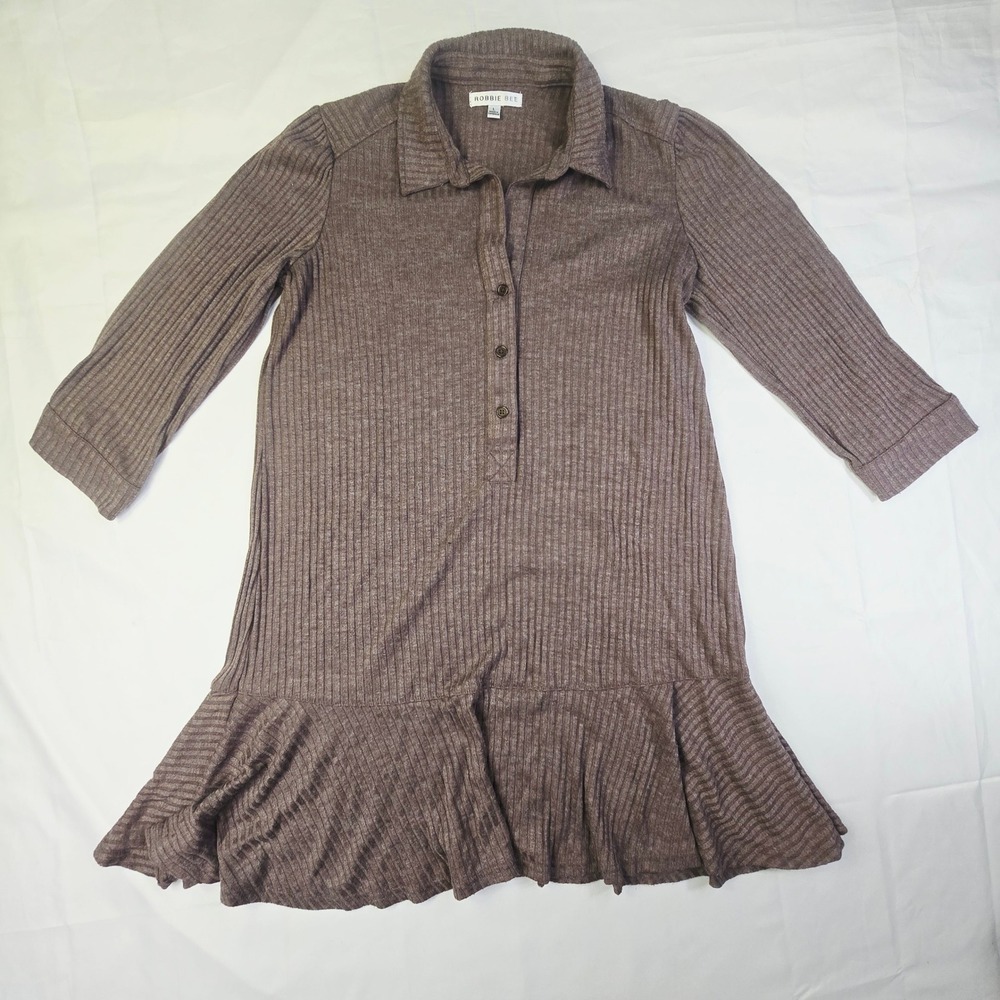 Robbie Bee Ribbed Knit Flounce Dress Women's Large Brown 3/4 Sleeve Drop Waist
